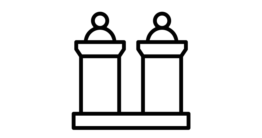 monochrome icon showing two figures engaged in debate