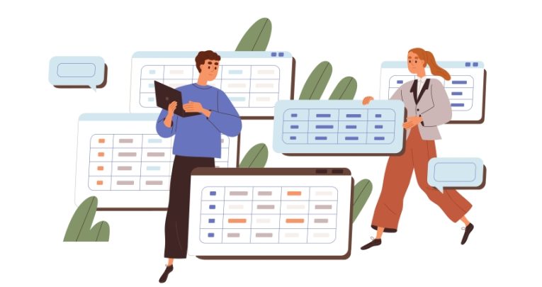 Illustration of teachers monitoring the data contained in several numerical tables