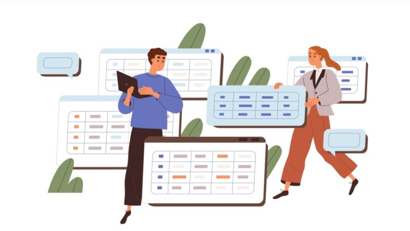 Illustration of teachers monitoring the data contained in several numerical tables