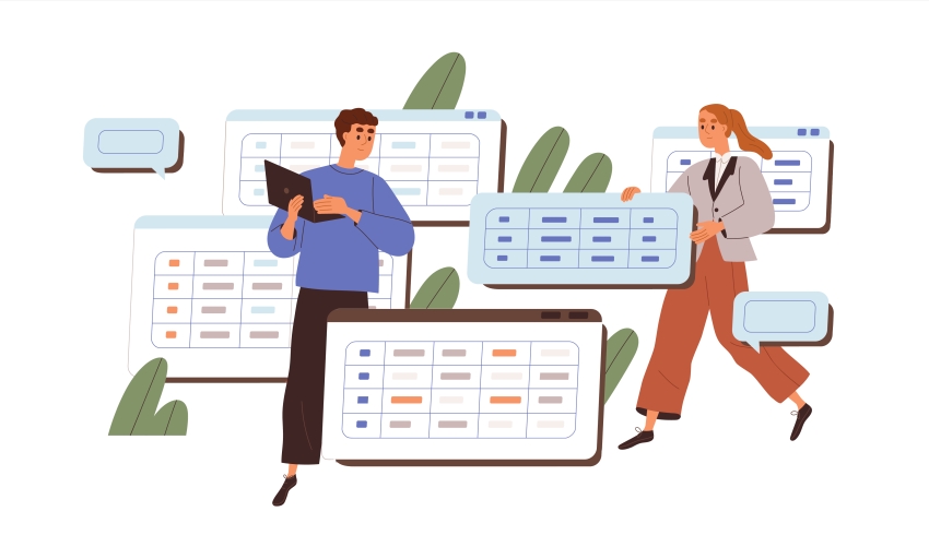 Illustration of teachers monitoring the data contained in several numerical tables