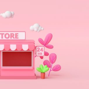 Render of a pink, friendly-looking grocery store