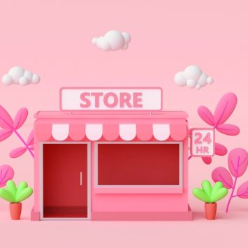 Render of a pink, friendly-looking grocery store