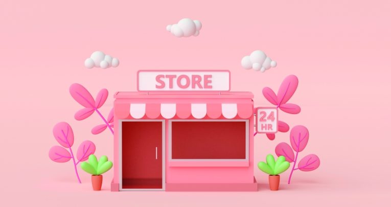 Render of a pink, friendly-looking grocery store