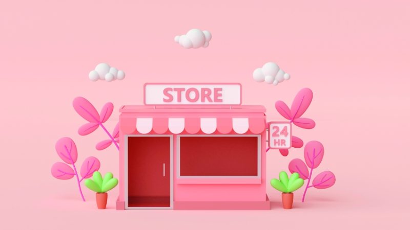 Render of a pink, friendly-looking grocery store