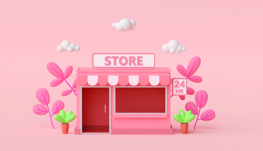 Render of a pink, friendly-looking grocery store