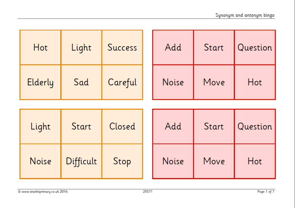 Synonym Antonym Bingo