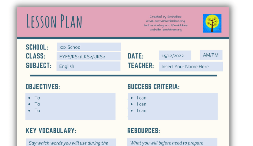 teacher planning worksheet