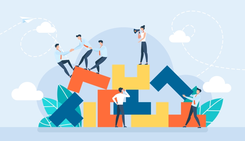 abstract illustration of figures attempting to assemble large puzzle pieces