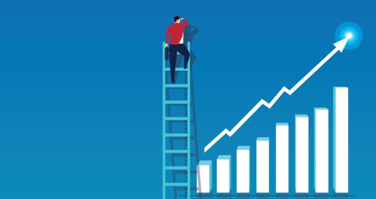 abstract illustration of a figure climbing a ladder beside an upwardly trending combined bar and line chart