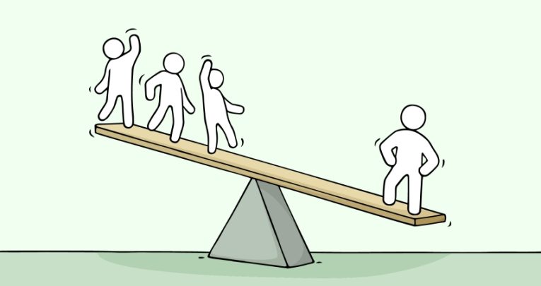 illustration of human figures balancing on a see-saw