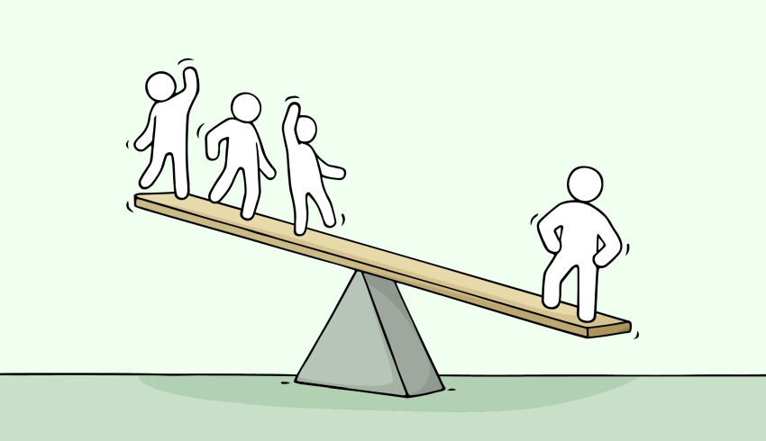 illustration of human figures balancing on a see-saw