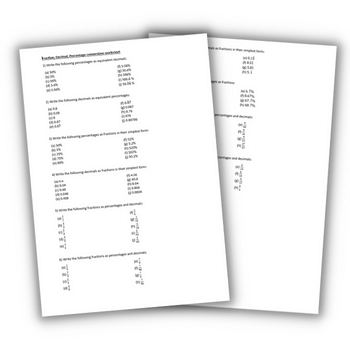 Fractions decimals and percents worksheets