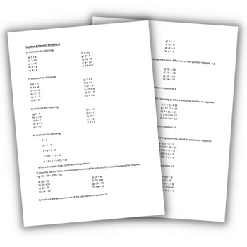 Negative numbers worksheet