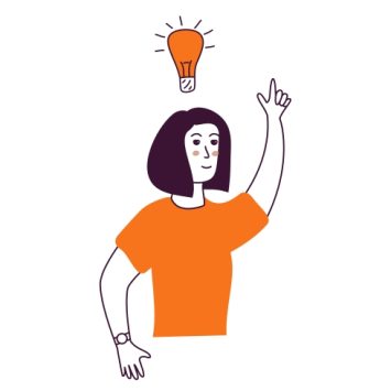 cartoon illustration of a woman having an idea, illustrated by an illuminated lightbulb above her head