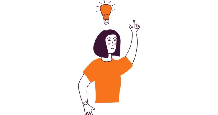 cartoon illustration of a woman having an idea, illustrated by an illuminated lightbulb above her head