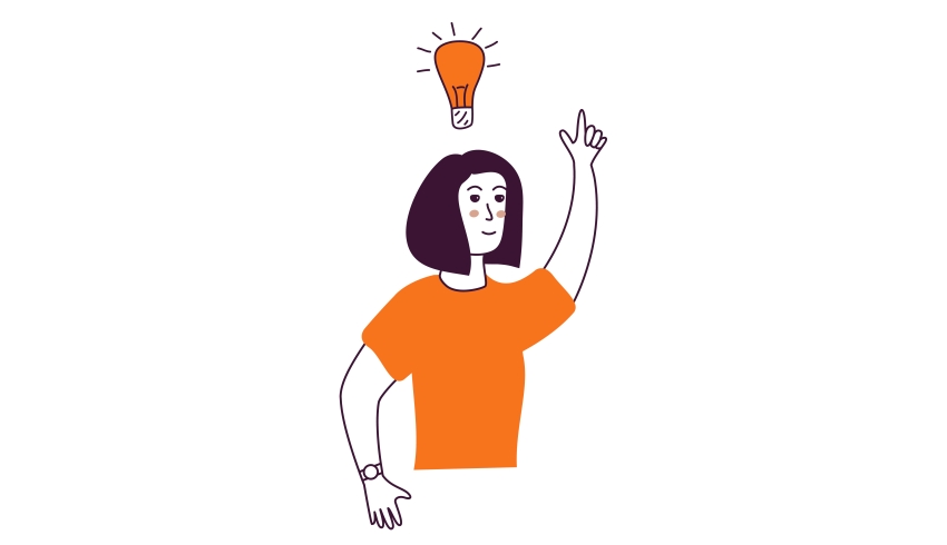 cartoon illustration of a woman having an idea, illustrated by an illuminated lightbulb above her head