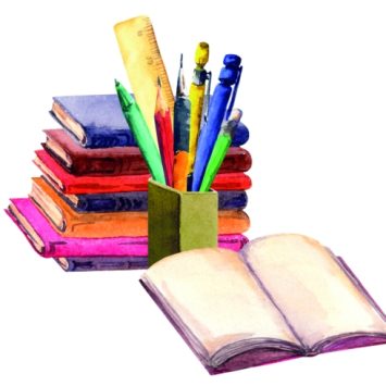 Watercolour illustration depicting a pot of pens and a pile of books