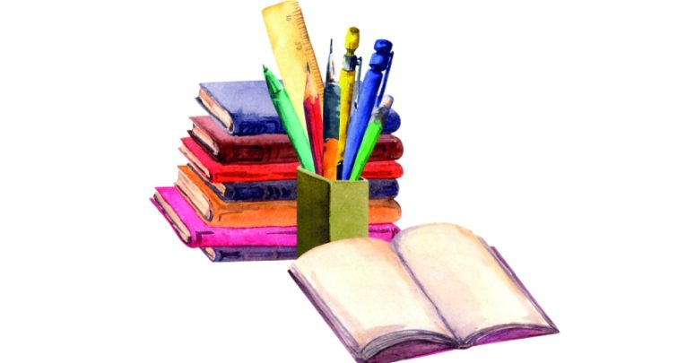 Watercolour illustration depicting a pot of pens and a pile of books