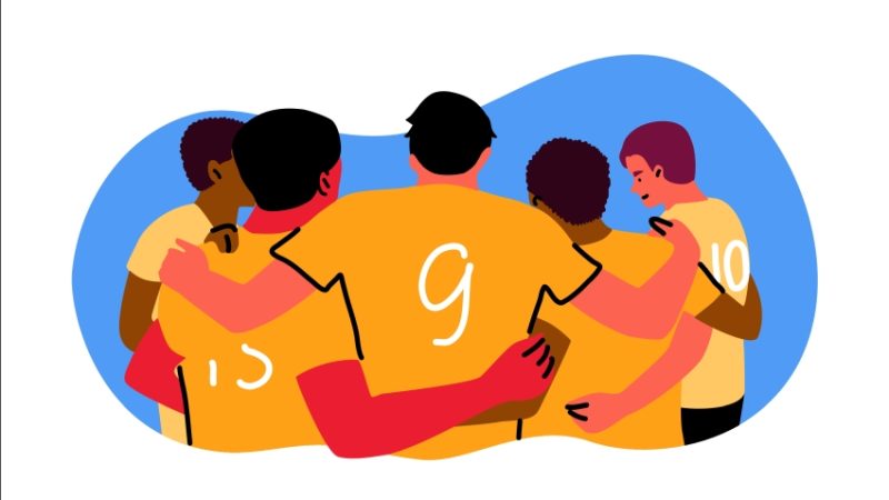 cartoon illustration of a school sports team celebrating a goal or match victory, representing physical education