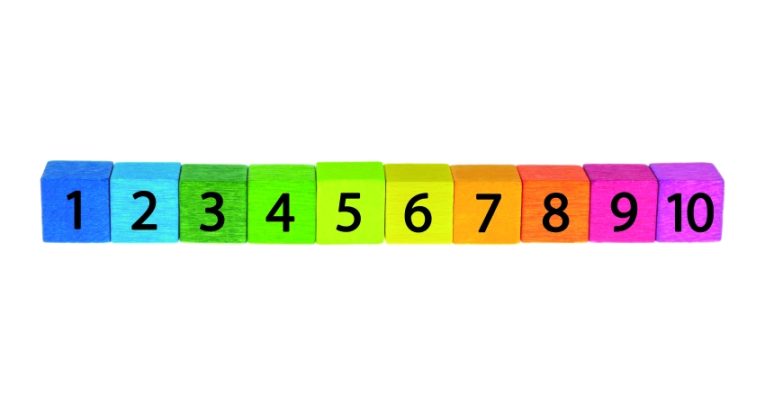 Photo of multicoloured individual number blocks arranged in sequence from 1 to 10