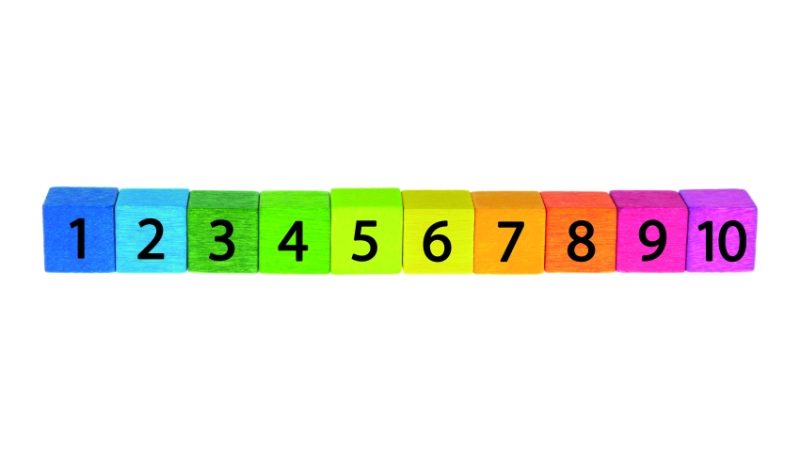 Photo of multicoloured individual number blocks arranged in sequence from 1 to 10