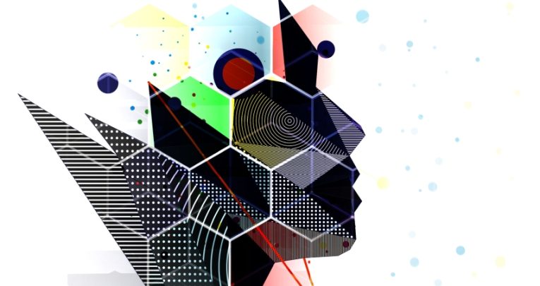 abstract illustration of a female face constructed using assorted geometric shapes