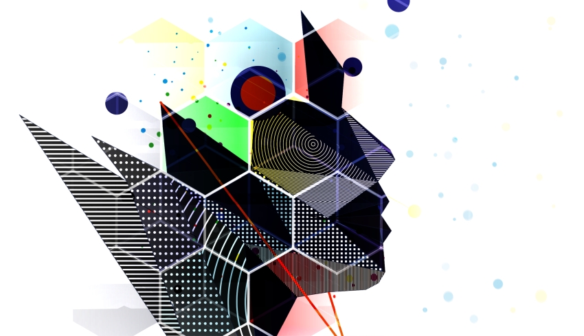 abstract illustration of a female face constructed using assorted geometric shapes