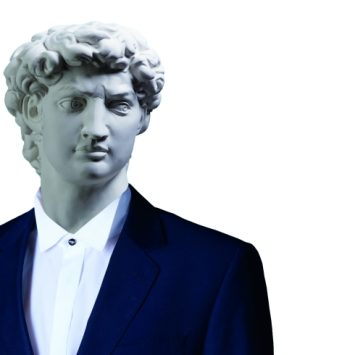 Collage photo showing a figure wearing a smart uniform with a statue's head in place of a human head