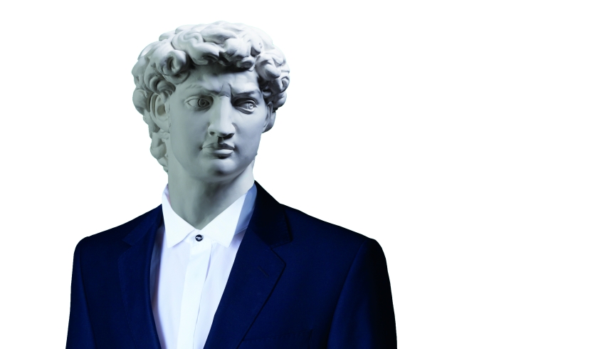 Collage photo showing a figure wearing a smart uniform with a statue's head in place of a human head