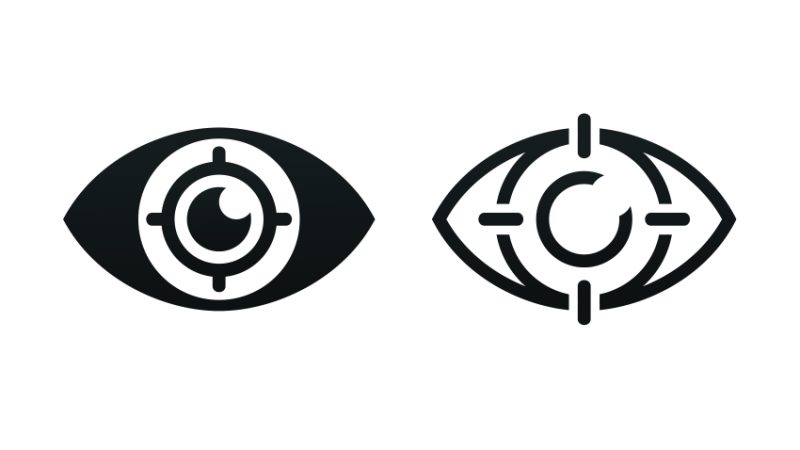 Stylised abstract graphic that combines a pair of eyes with a pair of crosshairs