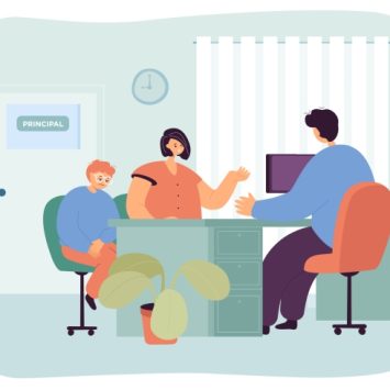 Cartoon illustration of parent and child in a school principal's office