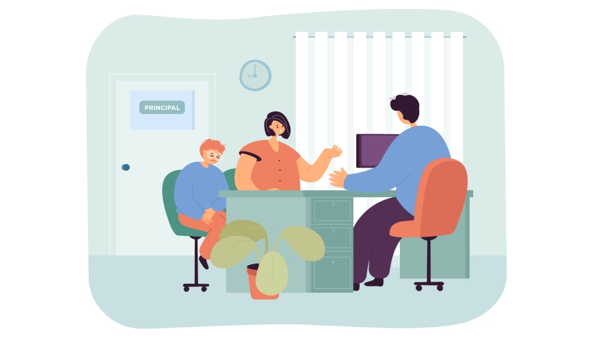 Cartoon illustration of parent and child in a school principal's office
