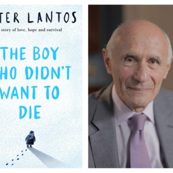 Composite image showing cover of 'The Boy Who Didn't Want To Die' beside an author image of Peter Lantos