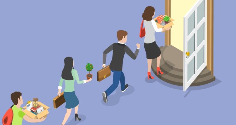 Illustration of a line of employees carrying their workplace possessions out of a door
