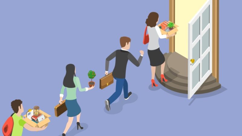 Illustration of a line of employees carrying their workplace possessions out of a door