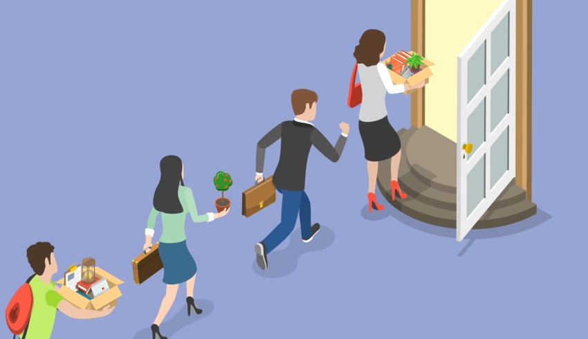 Illustration of a line of employees carrying their workplace possessions out of a door