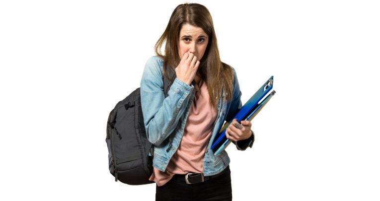 photo of a nervous-looking teenage girl holding a folder containing documents