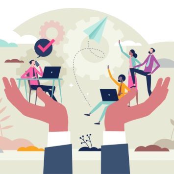 abstract illustration showing team completing an administrative task while being embraced by a protective pair of hands