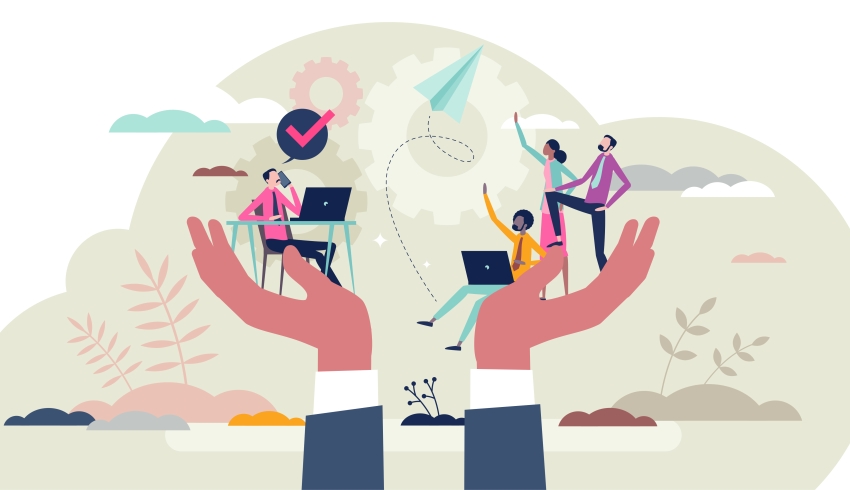abstract illustration showing team completing an administrative task while being embraced by a protective pair of hands