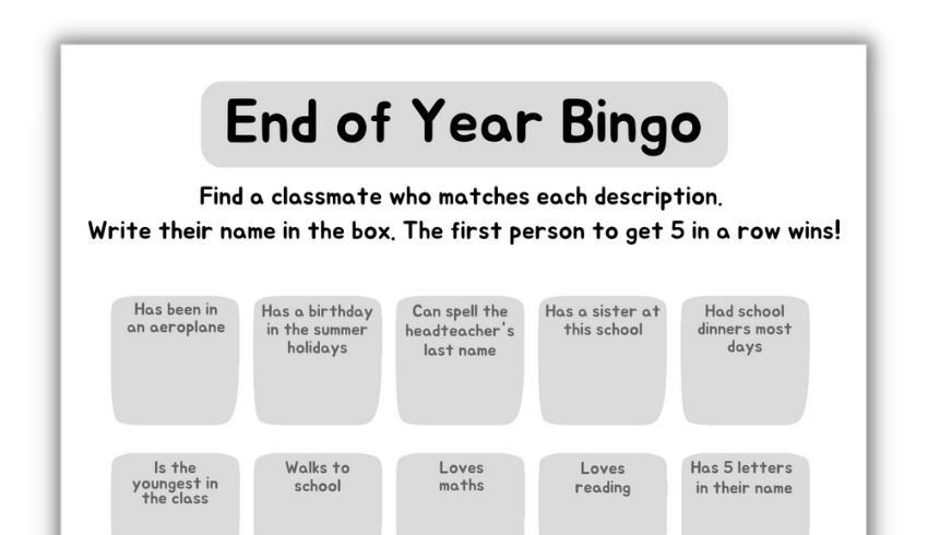 End of year activities bingo card