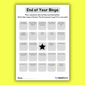 End of year bingo card