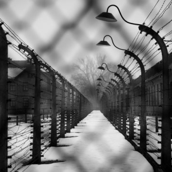 Black and white photo taken at Auschwitz-Birkenau main concentration camp circa 2017
