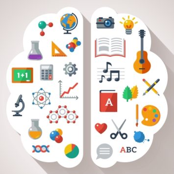 abstract illustration showing a brain split in half with science icons on one side and arts icons on the other