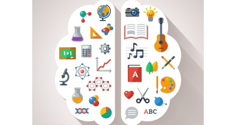 abstract illustration showing a brain split in half with science icons on one side and arts icons on the other