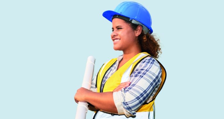 photo of a teenage girl wearing a high-vis vest and hard hat while holding a set of blueprints, representing women in STEM