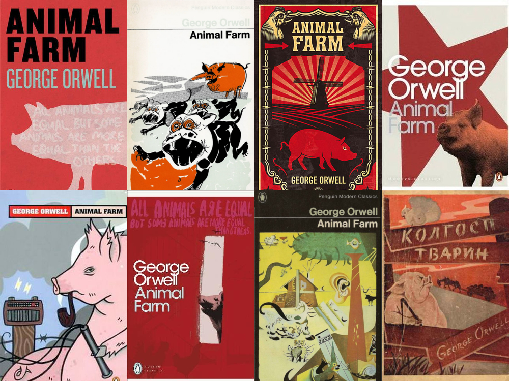 Collage of Animal Farm book covers, representing Banned Books Week