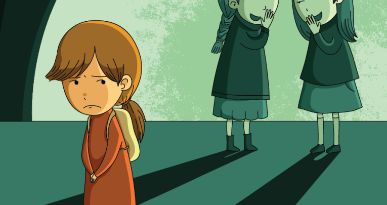 Cartoon of sad girl being whispered about, representing friendship activities