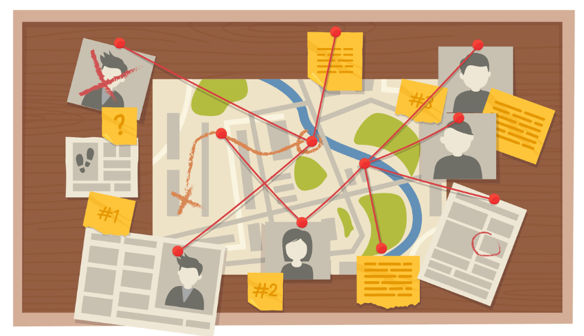 Illustration of items on a pinboard, representing sources for history