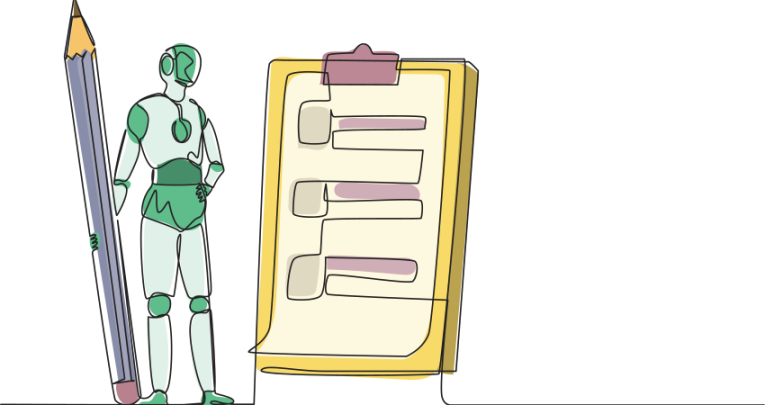 Illustration of a robotic humanoid figure holding an oversized pencil and filling in a checklist, representing AI in education