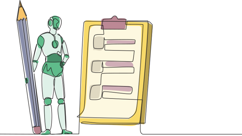 Illustration of a robotic humanoid figure holding an oversized pencil and filling in a checklist, representing AI in education